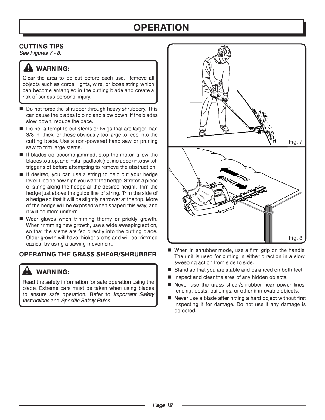 Homelite UT44170 manual Cutting Tips, OPERATING THE Grass shear/shrubber, See Figures 7, Operation, Page 