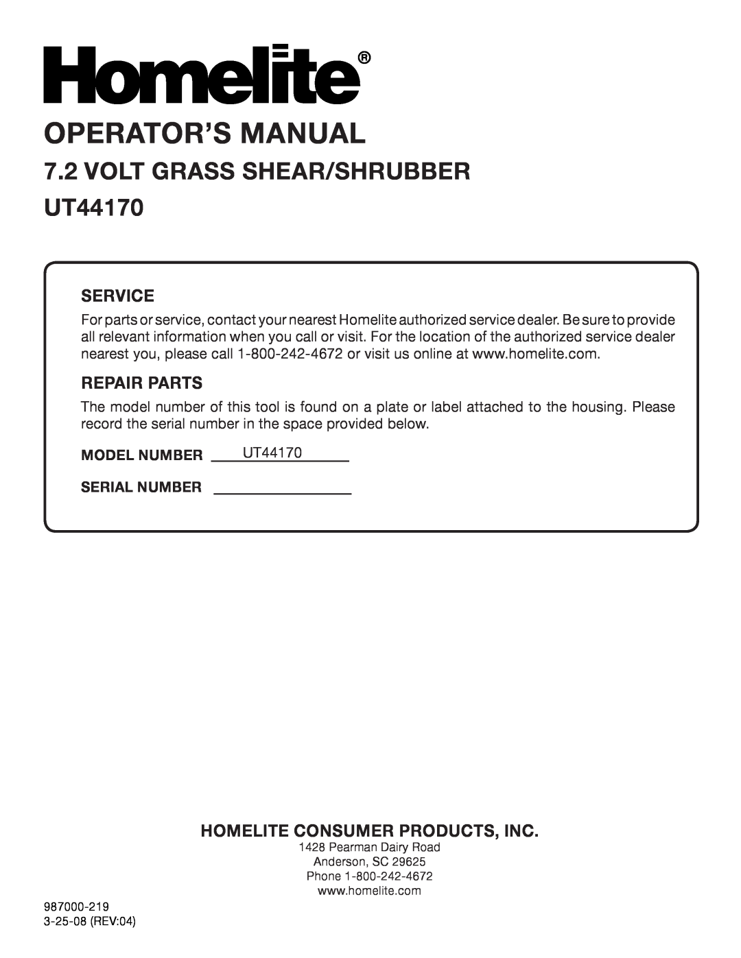 Homelite manual Model Number, Serial Number, Operator’S Manual, VOLT Grass shear/shrubber UT44170, Service, Repair Parts 
