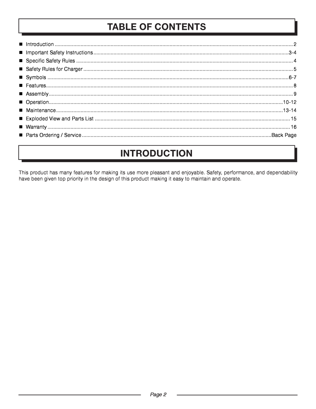 Homelite UT44170 manual Introduction, Page , Table Of Contents 