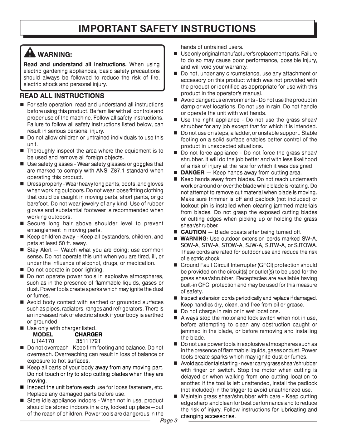 Homelite UT44170 manual important safety instructions, read all instructions 