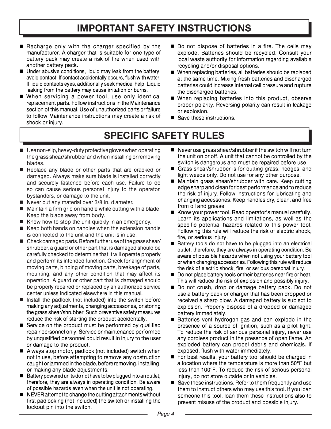 Homelite UT44170 manual Specific Safety Rules, important safety instructions,  Save these instructions, Page  