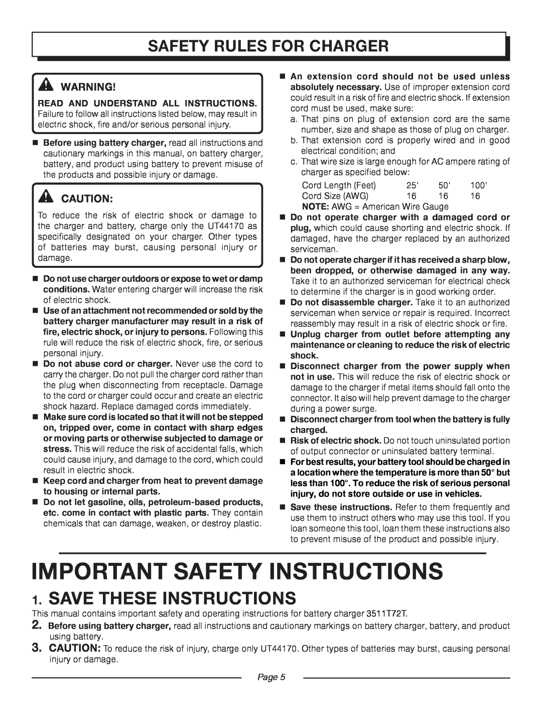 Homelite UT44170 manual Save These Instructions, Safety Rules For Charger, Important Safety Instructions, Page  