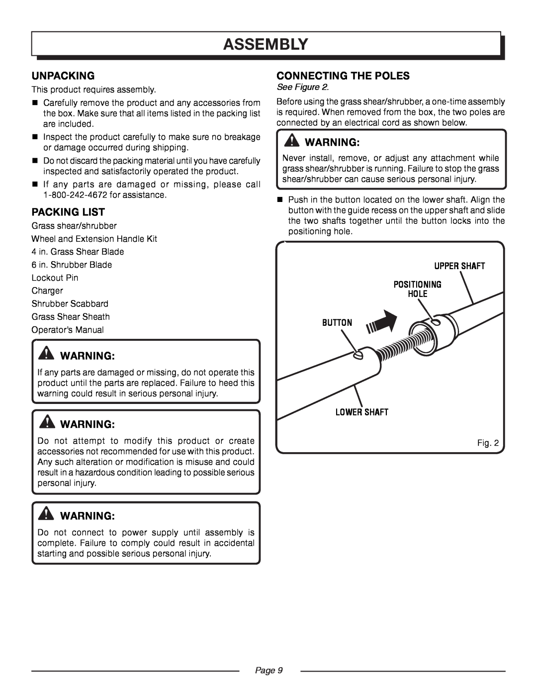 Homelite UT44170 manual Assembly, Unpacking, Packing List, connecting the poles, See Figure, Page  