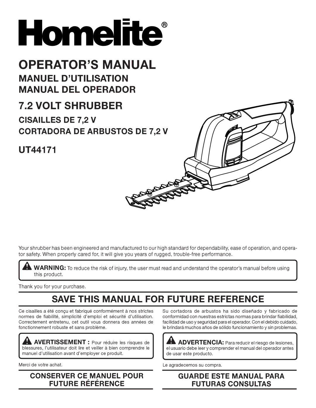 Homelite UT44171 manuel dutilisation Manuel D’UTILISATION Manual DEL Operador, Save this Manual for Future Reference 