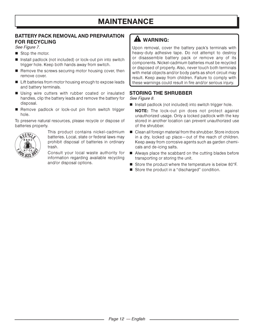 Homelite UT44171 manuel dutilisation Battery Pack Removal and Preparation for Recycling, STORing the Shrubber 