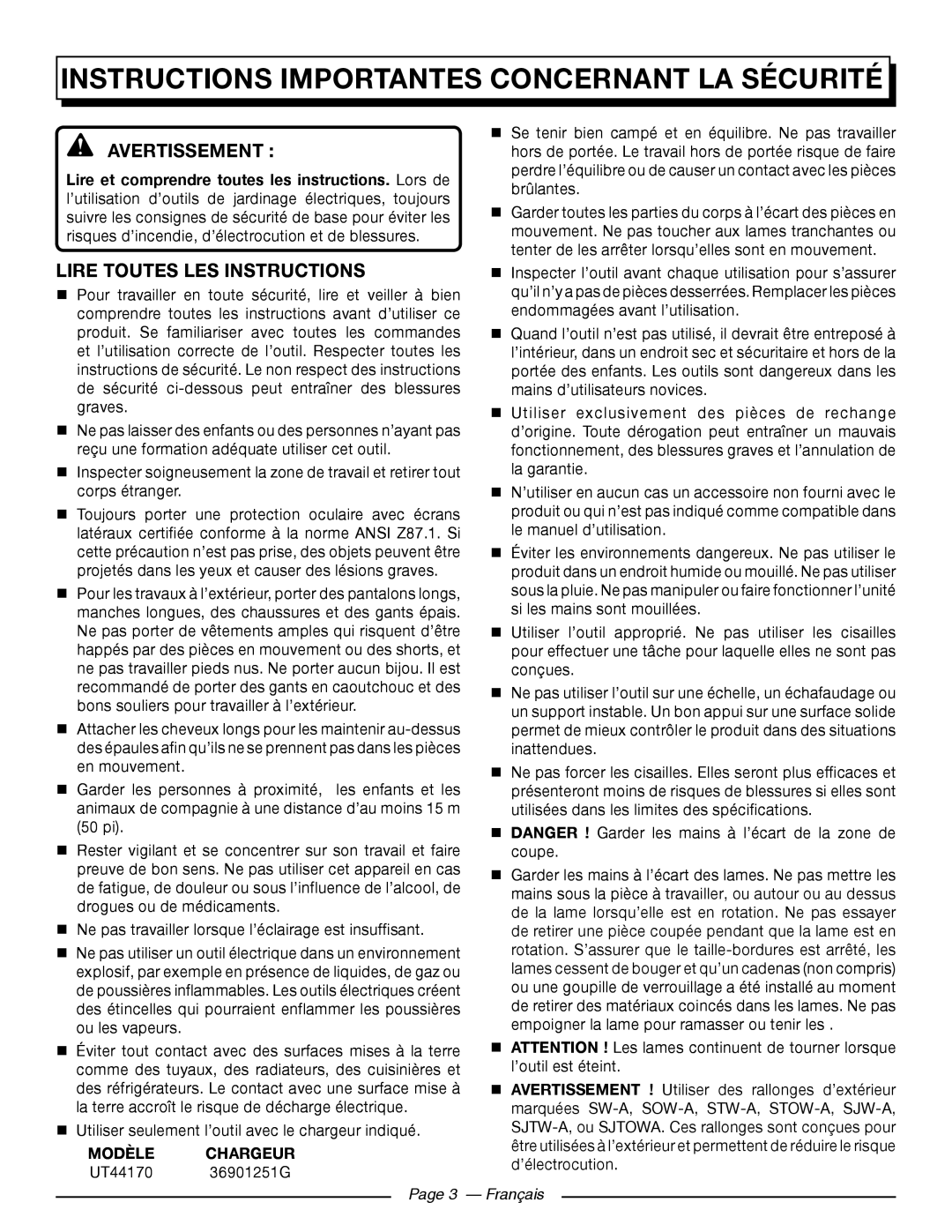 Homelite UT44171 Instructions importantes concernant la sécurité, Avertissement, Lire Toutes LES Instructions 