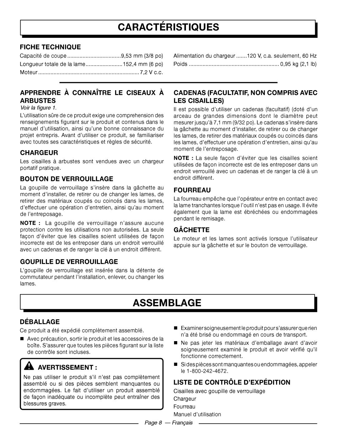 Homelite UT44171 manuel dutilisation Caractéristiques, Assemblage 