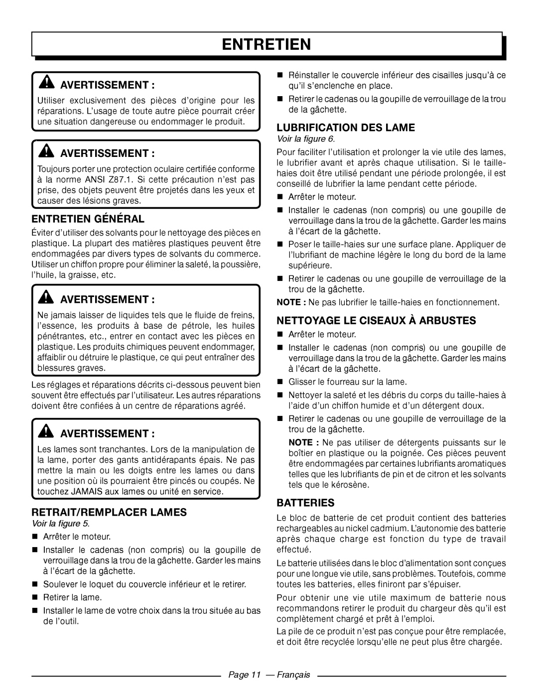 Homelite UT44171 Entretien Général, RETRAIT/REMPLACER lames, Lubrification DES Lame, Nettoyage LE Ciseaux À Arbustes 