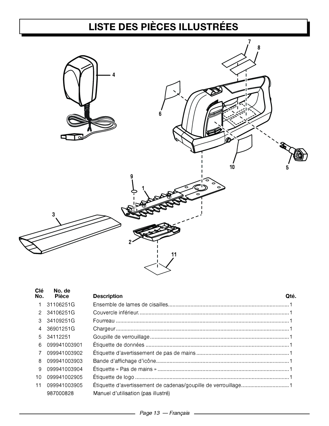 Homelite UT44171 manuel dutilisation Liste DES Pièces Illustrées, 105 Clé No. de Pièce Description Qté 