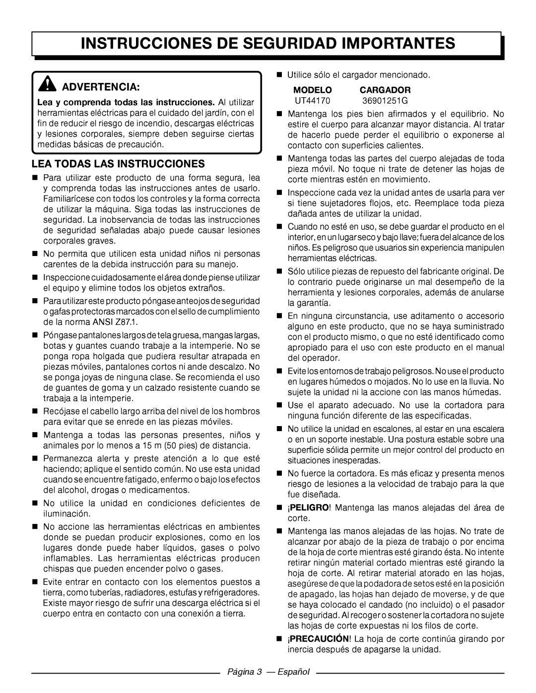 Homelite UT44171 Instrucciones de seguridad importantes, Advertencia, Lea todas las instrucciones, MODELo CARGadoR 