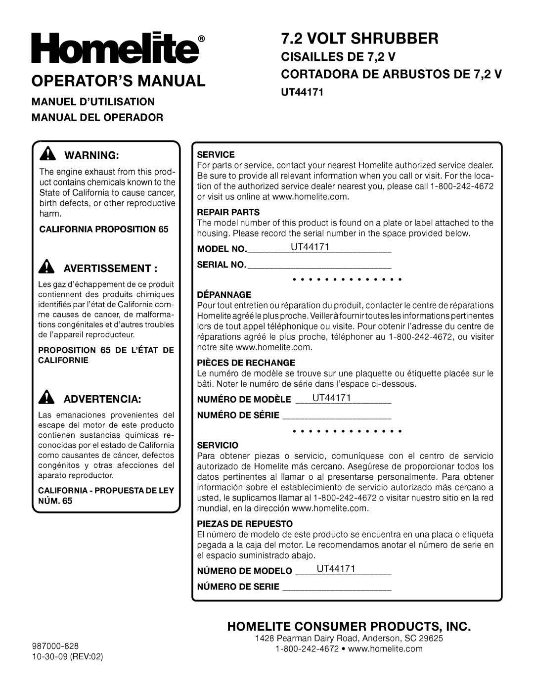 Homelite UT44171 manuel dutilisation Volt Shrubber, OPERATOR’S Manual, Manuel D’UTILISATION, Manual DEL Operador 