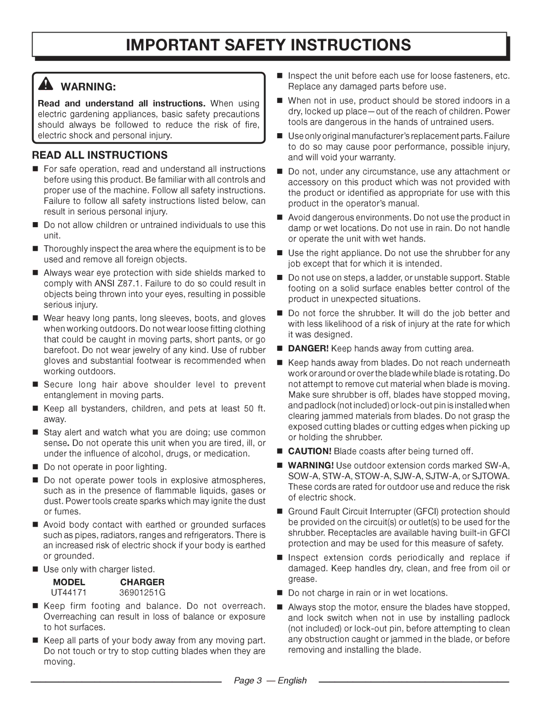 Homelite UT44171 manuel dutilisation Important safety instructions, Read all instructions 