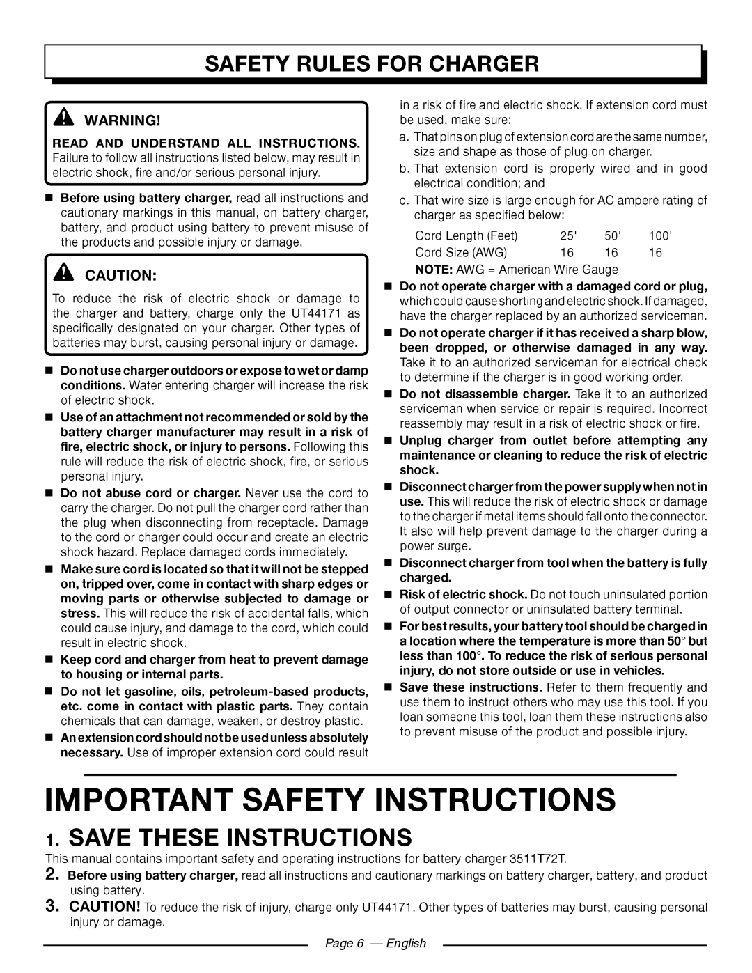 Homelite UT44171 manuel dutilisation Important Safety Instructions, Safety Rules for Charger 