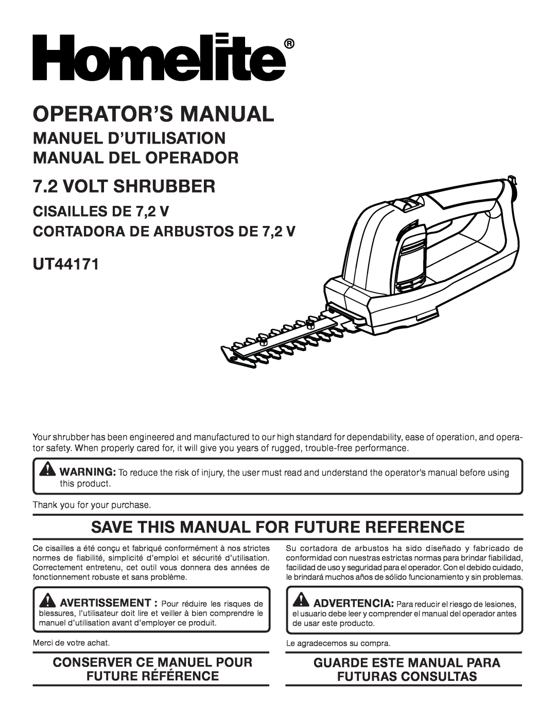 Homelite UT44171 manuel dutilisation Operator’S Manual, VOLT Shrubber, Manuel D’Utilisation Manual Del Operador 