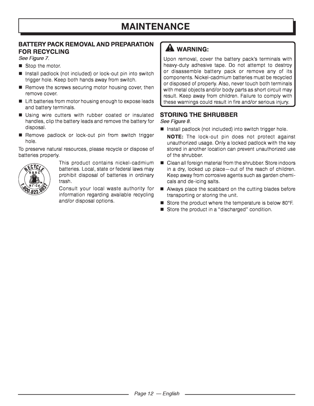 Homelite UT44171 Battery Pack Removal And Preparation For Recycling, STORing the Shrubber, Page 12 - English, Maintenance 