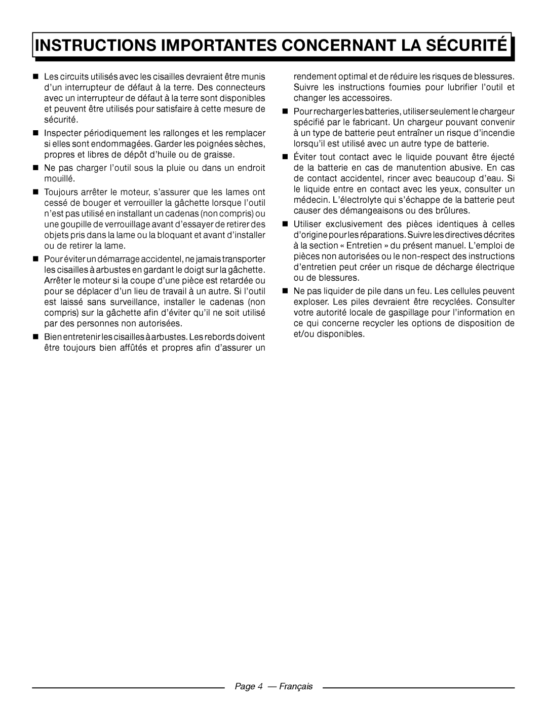 Homelite UT44171 manuel dutilisation Page 4 - Français, Instructions importantes concernant la sécurité 