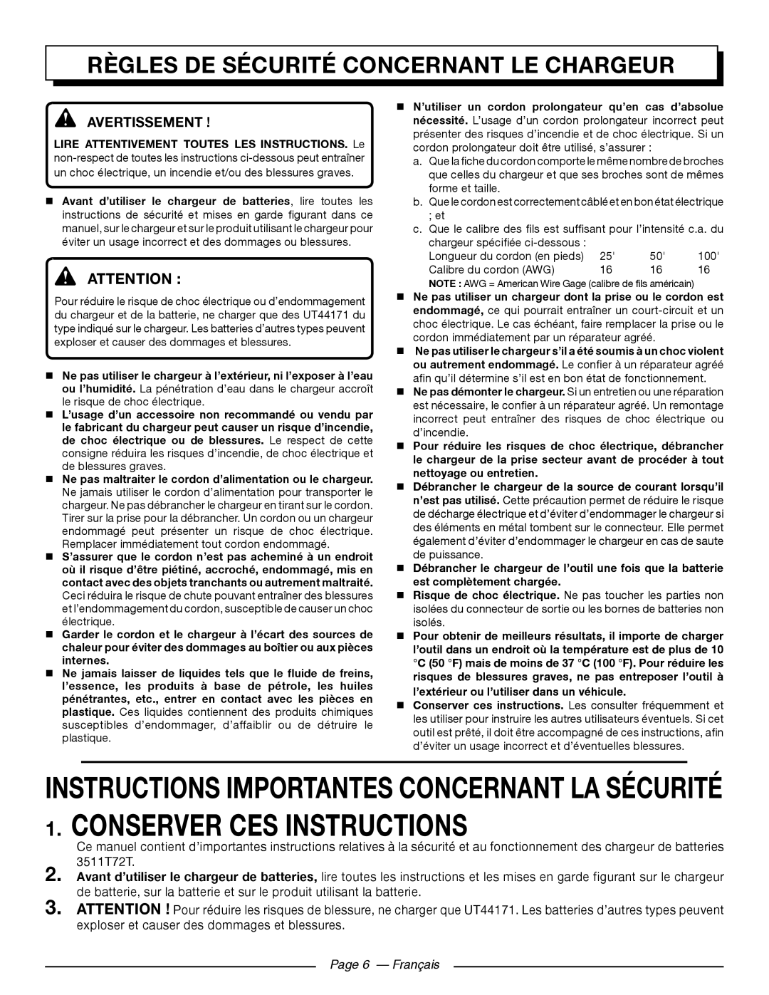 Homelite UT44171 Conserver ces instructions, Règles De Sécurité Concernant Le Chargeur, Avertissement !  