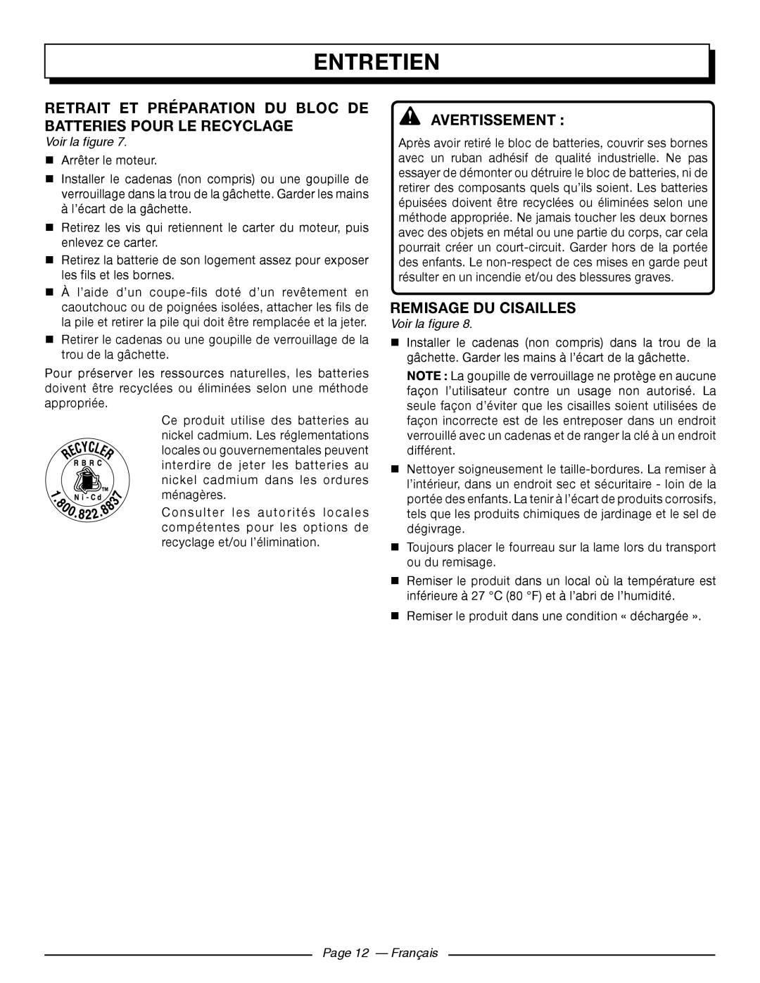 Homelite UT44171 Retrait Et Préparation Du Bloc De Batteries Pour Le Recyclage, REMISAGE DU cisailles, Page 12 - Français 