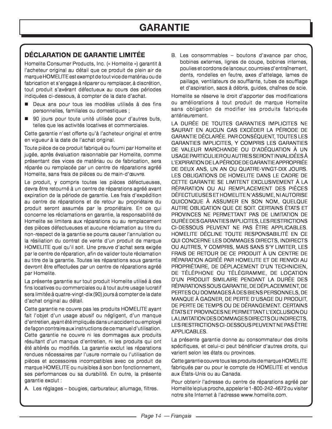 Homelite UT44171 manuel dutilisation Déclaration De Garantie Limitée, Page 14 - Français 