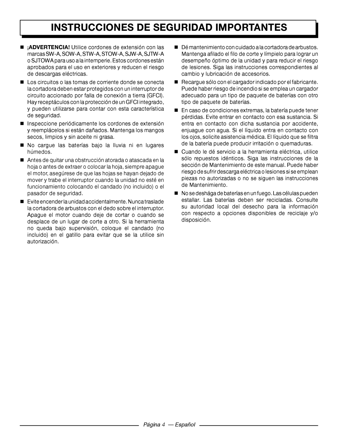 Homelite UT44171 manuel dutilisation Página 4 - Español, Instrucciones de seguridad importantes 