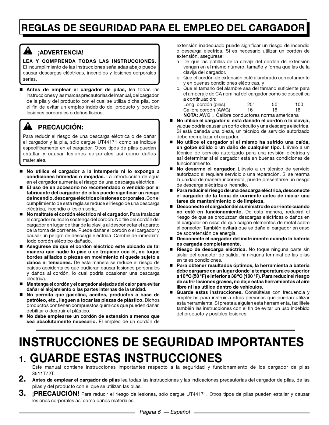 Homelite UT44171 Reglas De Seguridad Para El Empleo Del Cargador, Precaución, ¡Advertencia, Página 6 - Español 
