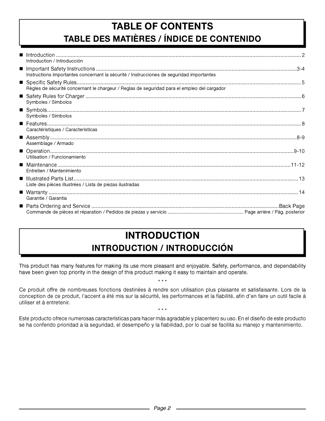 Homelite UT44171 Table Of Contents, introduction, Table Des Matières / Índice De Contenido, Introduction / Introducción 
