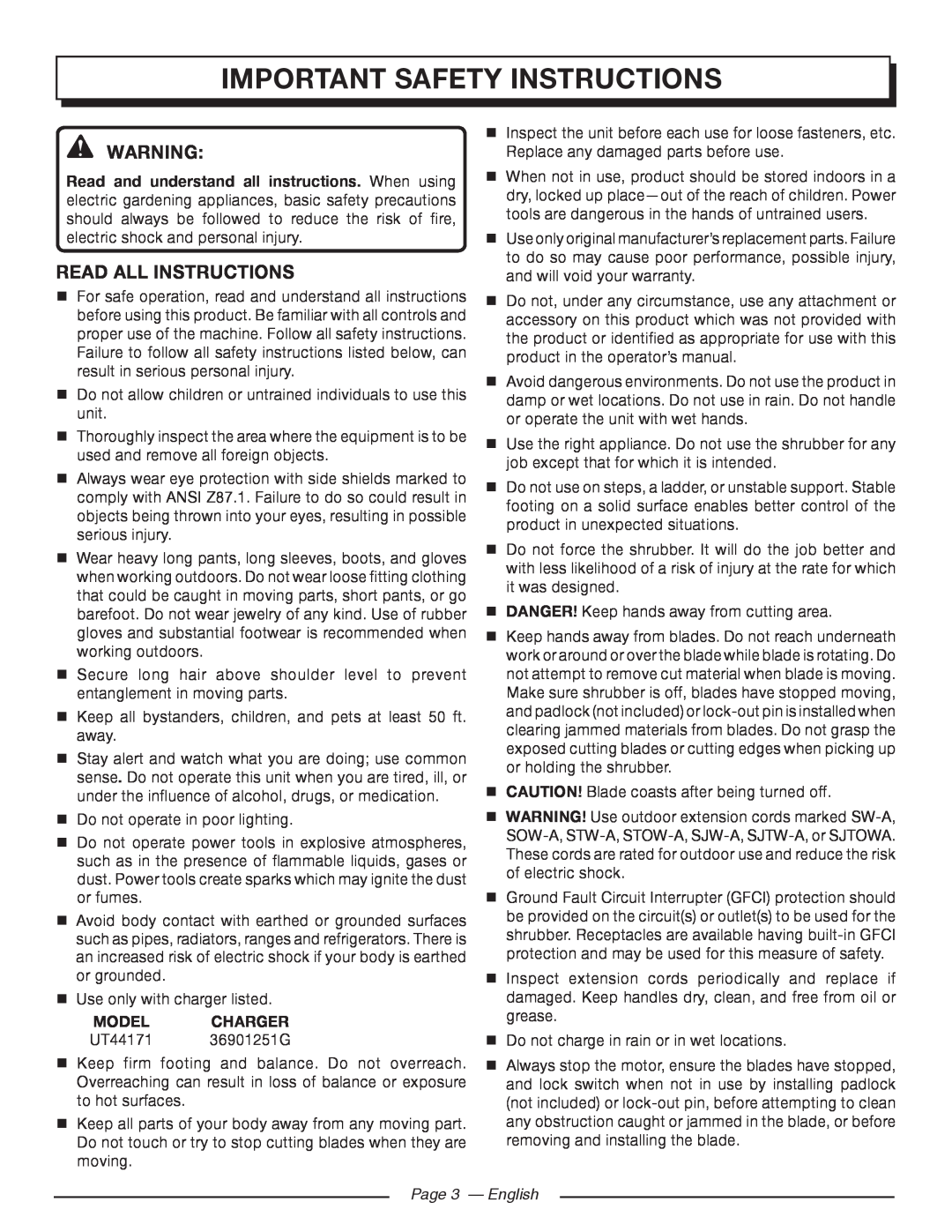 Homelite UT44171 manuel dutilisation important safety instructions, read all instructions, Model Charger, Page 3 - English 