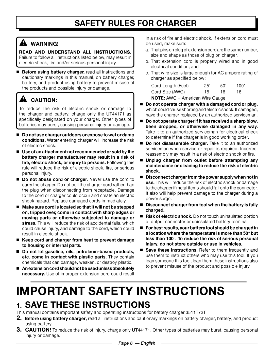 Homelite UT44171 Save These Instructions, Safety Rules For Charger, Page 6 - English, Important Safety Instructions 