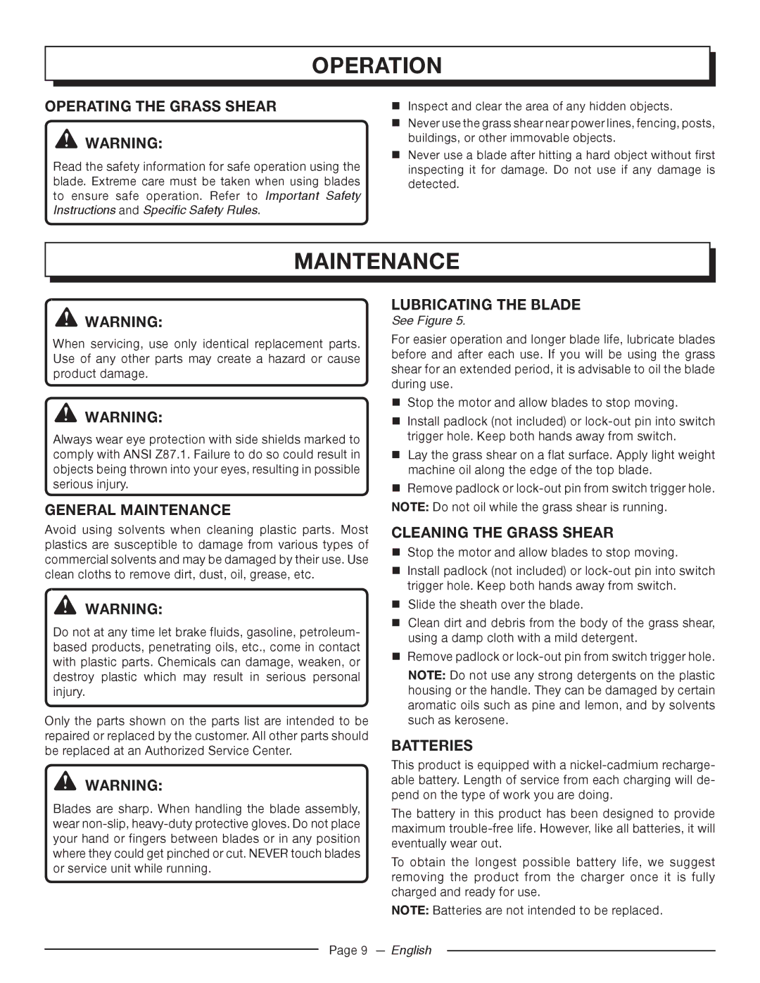 Homelite UT44172 manuel dutilisation General Maintenance, Lubricating the Blade, Batteries 