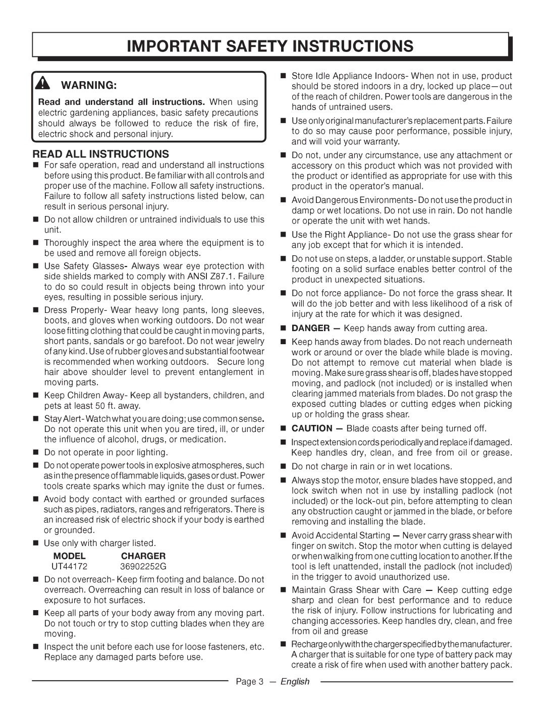 Homelite UT44172 manuel dutilisation Important safety instructions, Read all instructions 