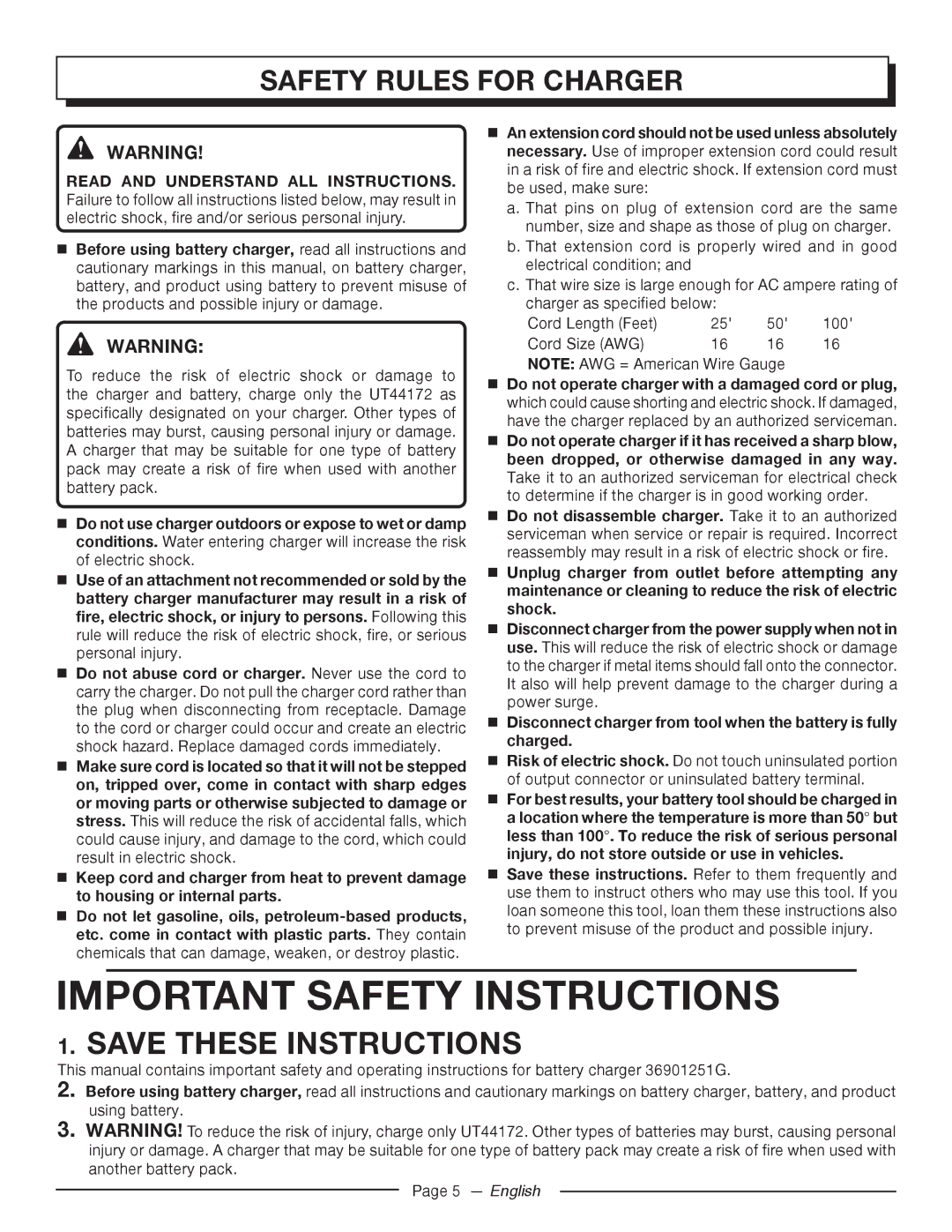 Homelite UT44172 manuel dutilisation Important Safety Instructions, Safety Rules for Charger 