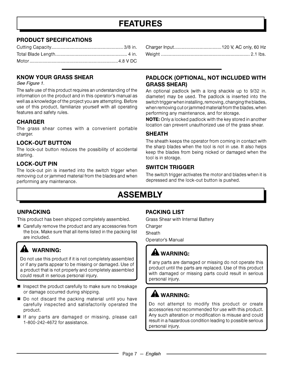 Homelite UT44172 manuel dutilisation Assembly, Product Specifications, Charger, Unpacking, Packing List 