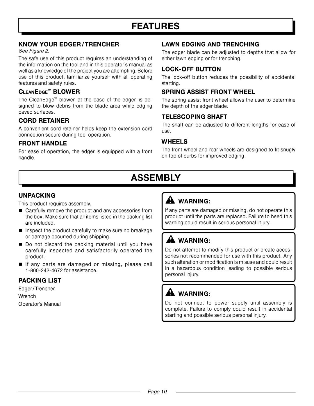 Homelite UT45100 manual Assembly, Spring Assist Front Wheel, Unpacking, Packing List 