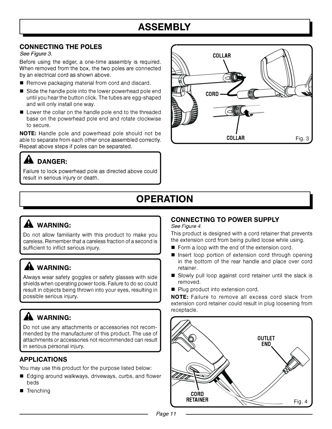 Homelite UT45100 manual Operation, Connecting the POLEs, Applications, Collar 