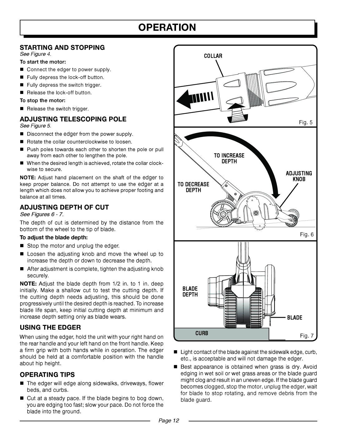 Homelite UT45100 manual Starting and Stopping, Adjusting telescoping pole, Adjusting Depth of CUT, Using the Edger 