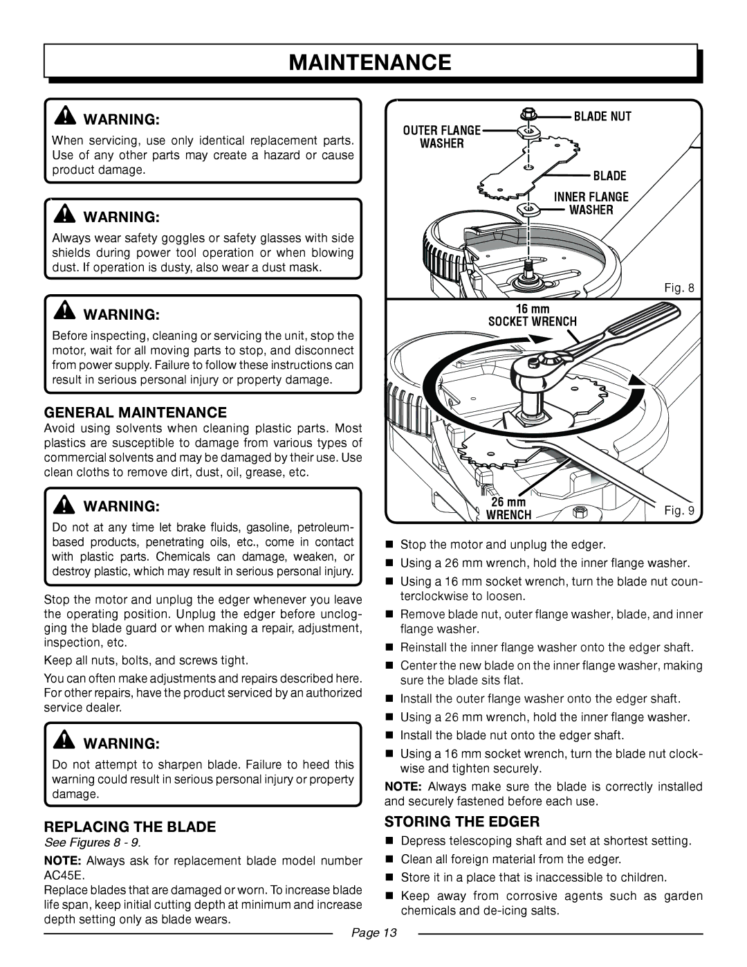 Homelite UT45100 manual General Maintenance, Replacing the blade STORing the EDGer, Rench 