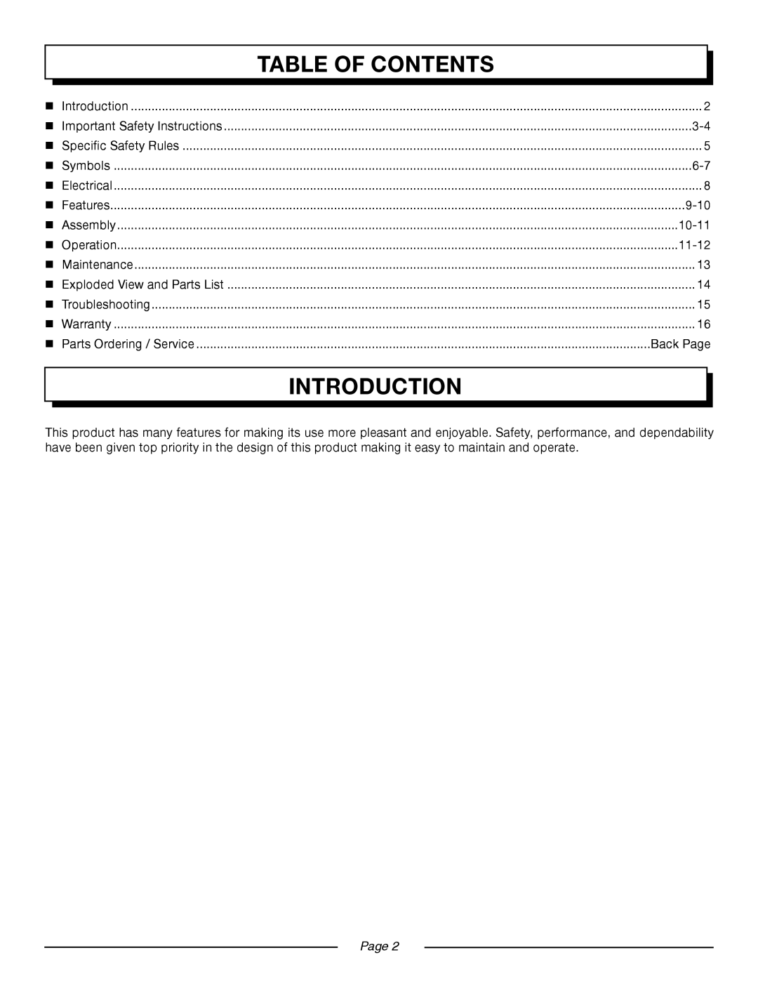 Homelite UT45100 manual Introduction, Table of Contents 