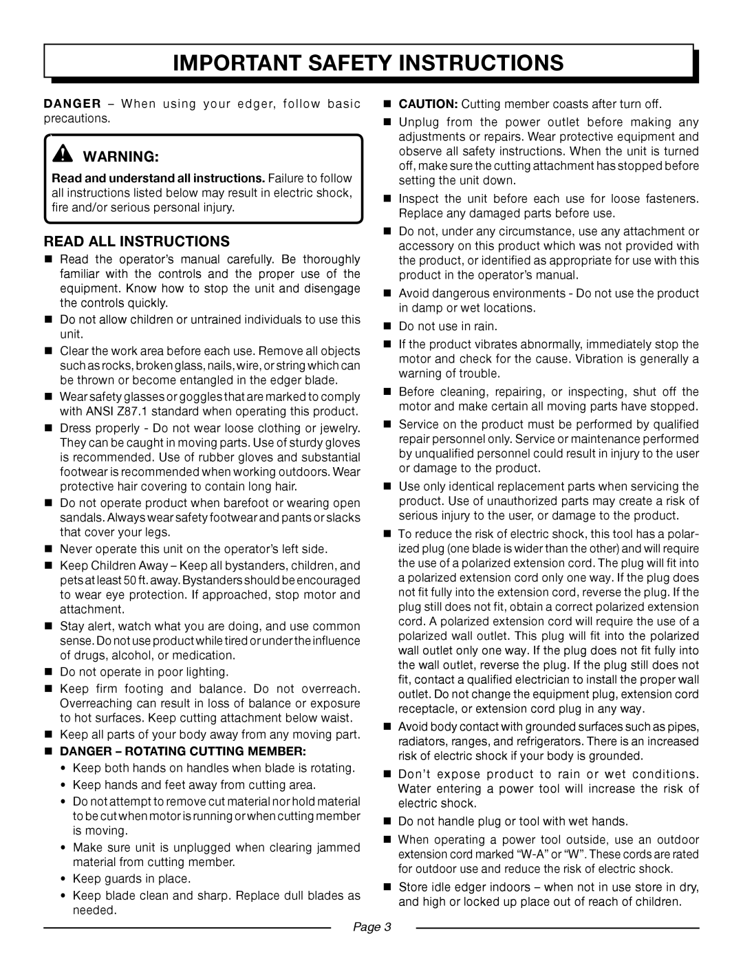 Homelite UT45100 manual Read all instructions,  Danger Rotating Cutting Member 