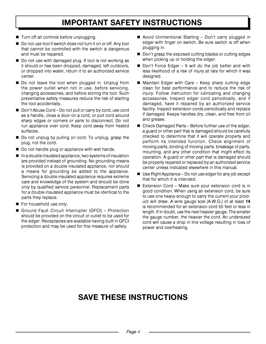 Homelite UT45100 manual Important safety instructions 