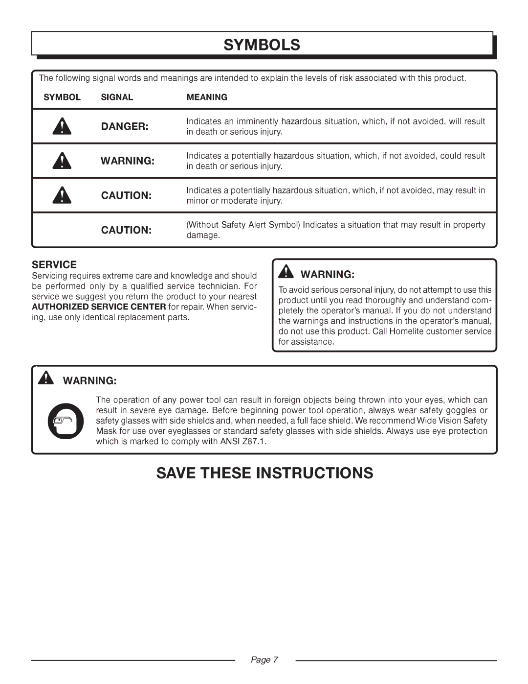 Homelite UT45100 manual Service, Symbol Signal Meaning 