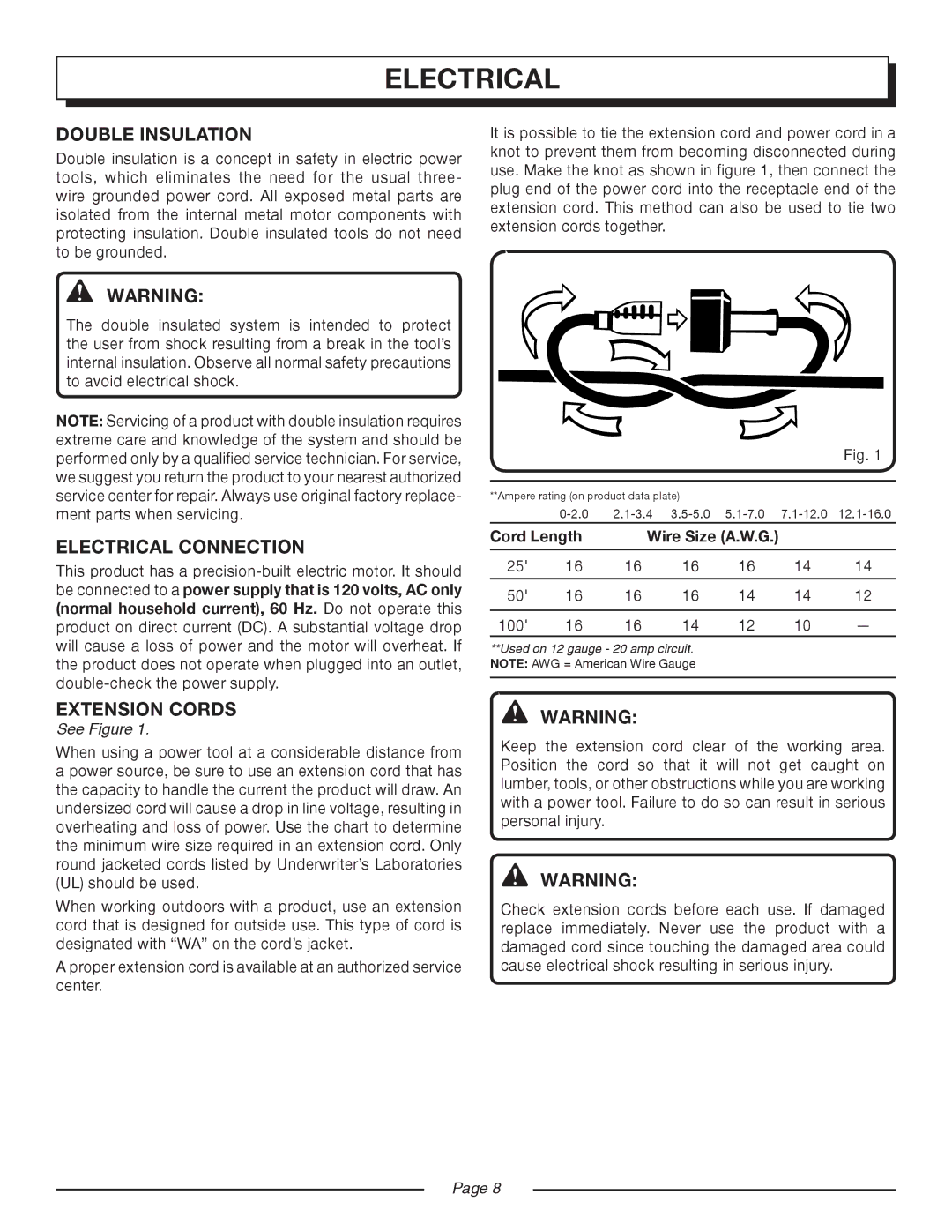 Homelite UT45100 manual Double Insulation, Electrical Connection, Extension Cords, Cord Length Wire Size A.W.G 