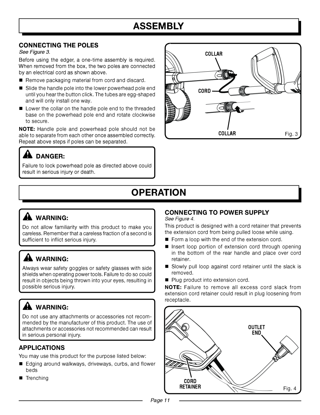 Homelite UT45100 manual Operation, Assembly, Connecting To Power Supply, See Figure, collar CORD, Page, Outlet End 