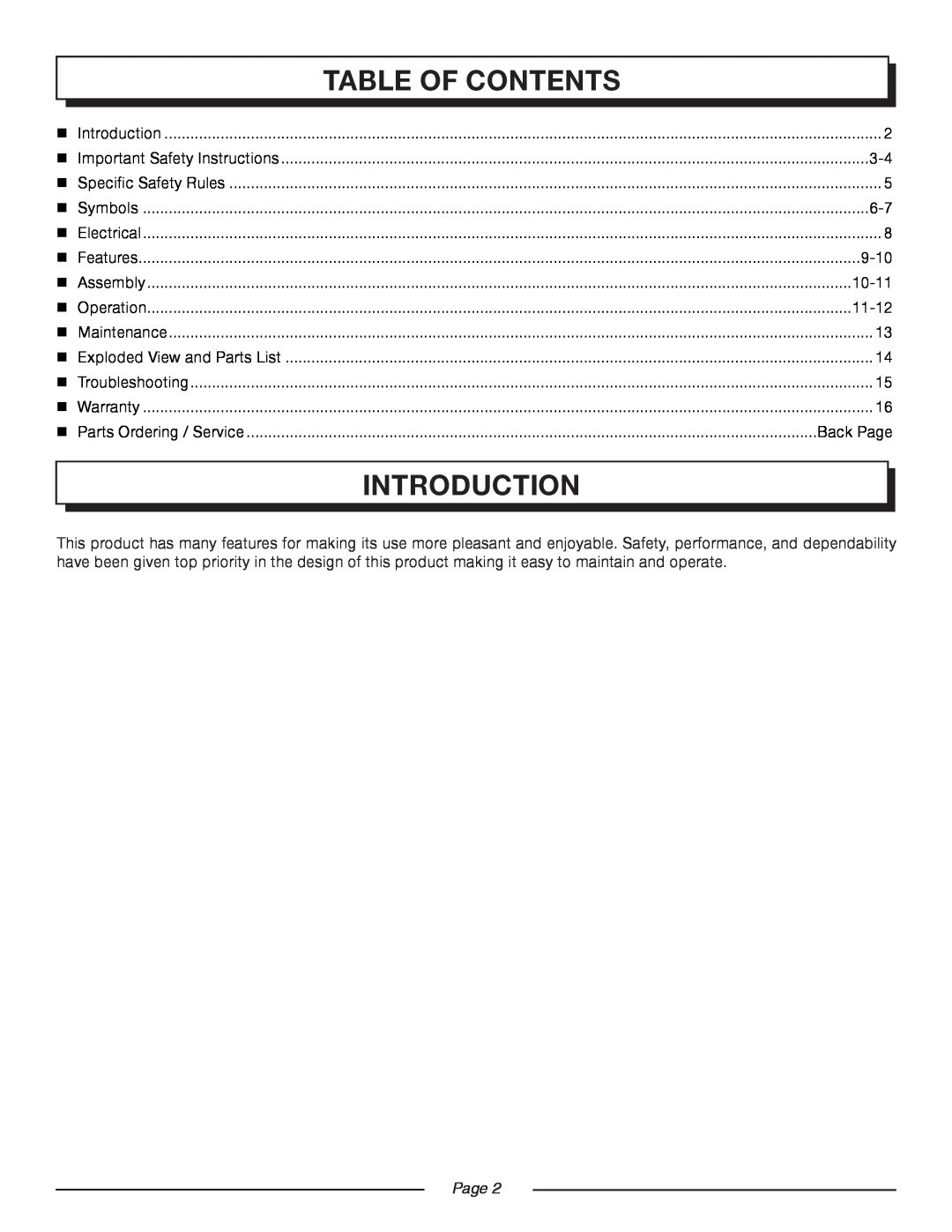 Homelite UT45100 manual Introduction, Table Of Contents, 9-10, 10-11, 11-12, Back Page, Page  