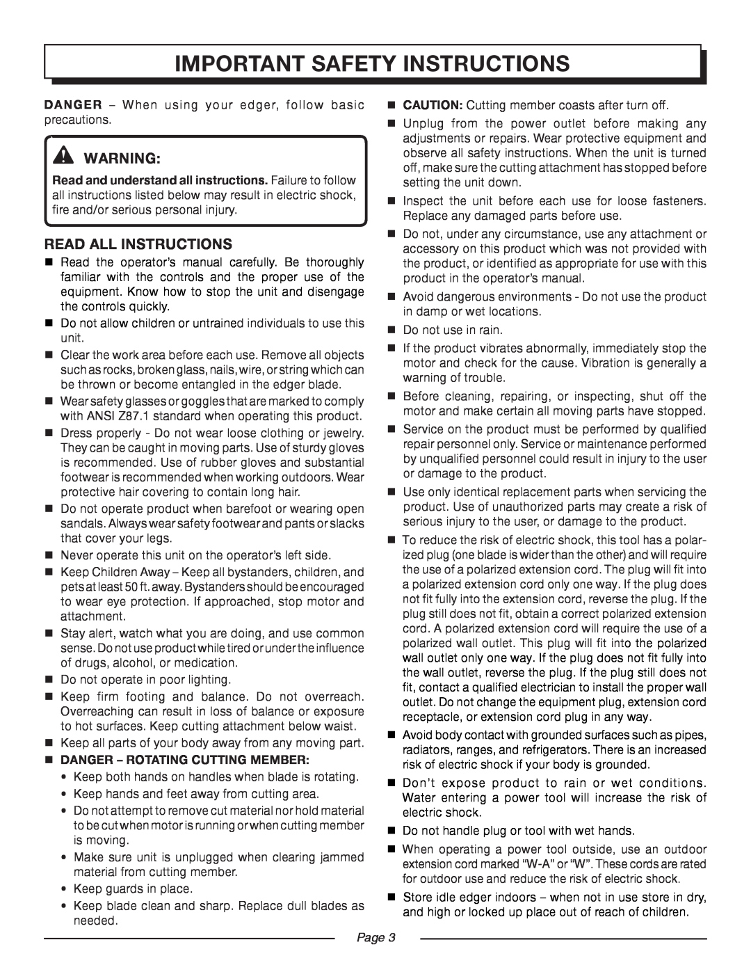Homelite UT45100 manual important safety instructions, read all instructions,  DANGER - Rotating Cutting MEMBER, Page  