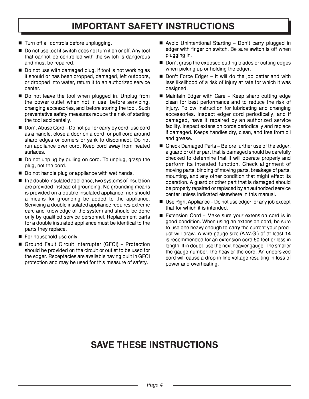Homelite UT45100 Save These Instructions, important safety instructions,  Turn off all controls before unplugging, Page  