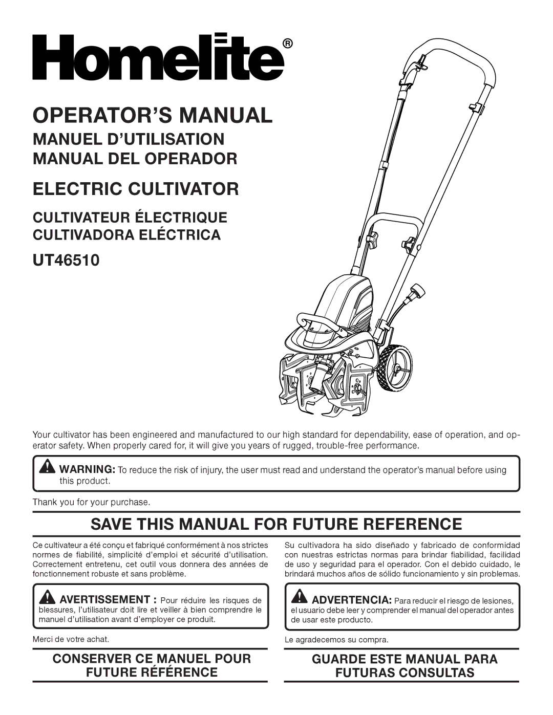 Homelite UT46510 manuel dutilisation Manuel D’UTILISATION Manual DEL Operador, Save this Manual for Future Reference 