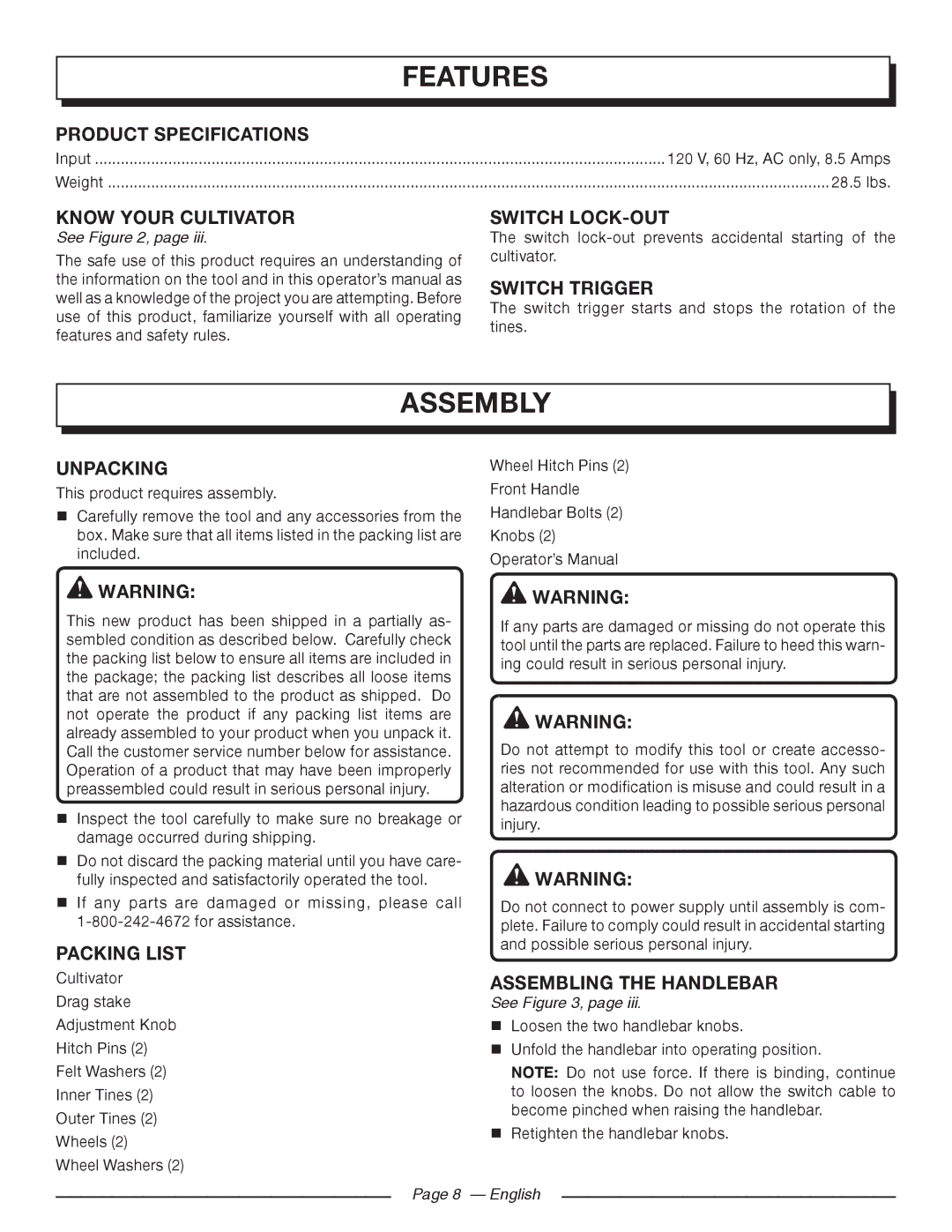 Homelite UT46510 manuel dutilisation Features, Assembly, Product Specifications, Unpacking, Packing List 