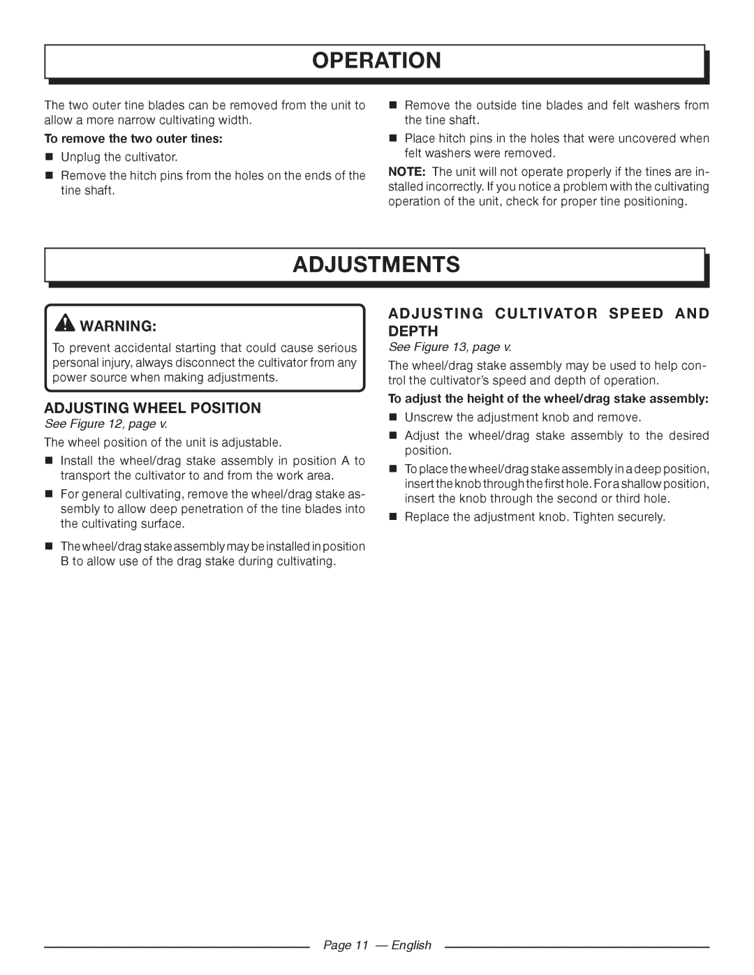 Homelite UT46510 manuel dutilisation Adjustments, Adjusting wheel position, Adjusting Cultivator speed and depth, English 