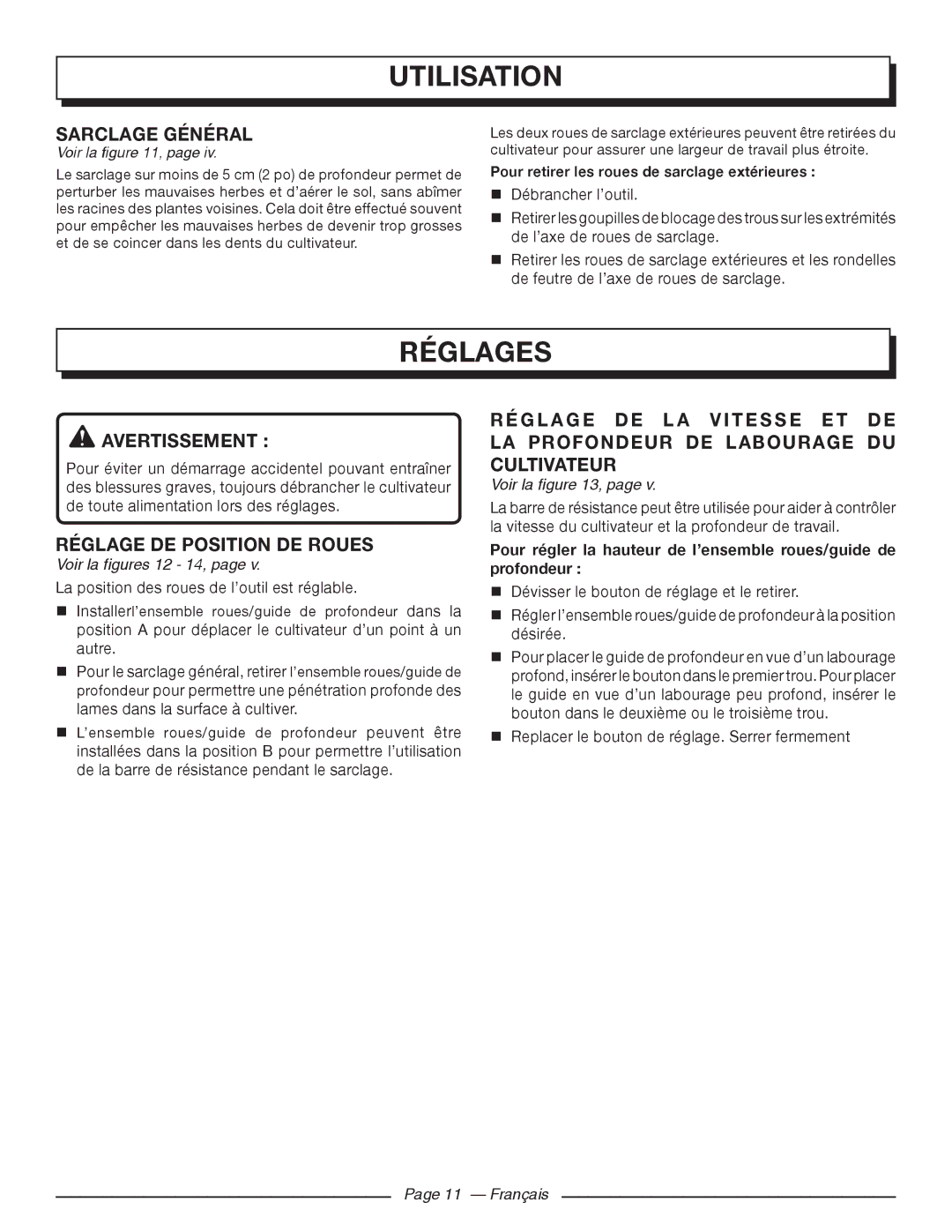 Homelite UT46510 Réglages, Sarclage Général, Réglage DE Position DE Roues, Voir la figures 12 14, Français 