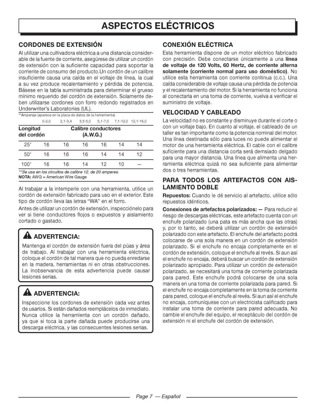 Homelite UT46510 manuel dutilisation Aspectos Eléctricos, Cordones DE Extensión, Conexión Eléctrica, Velocidad Y Cableado 